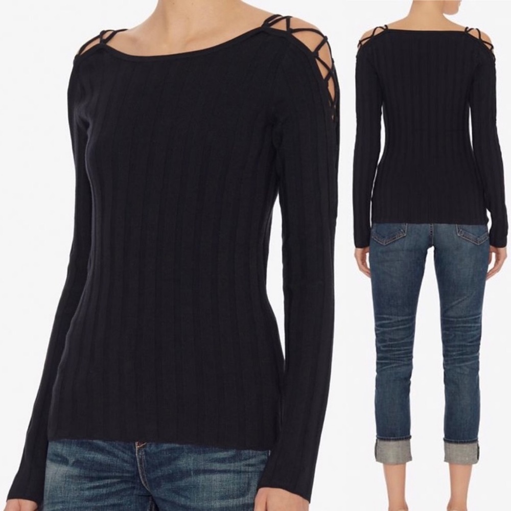 Intermix Navy Lace-up Shoulder Rib Knit Sweater
